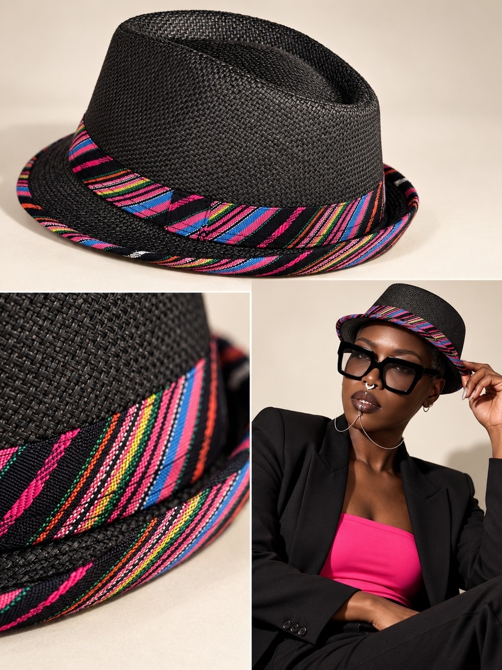 Black Straw Fedora with Multicolor Accent Band